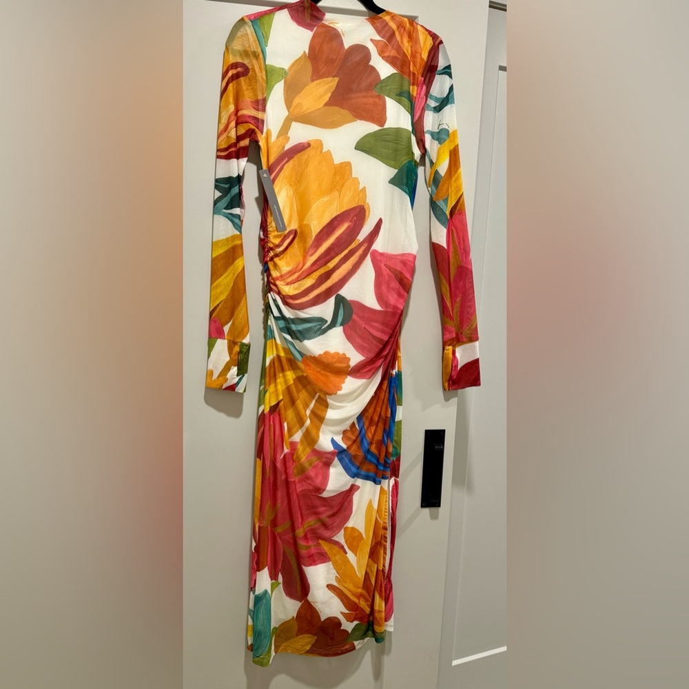 NWT Farm Rio Long-Sleeve Mock-Neck Mesh Slim Midi Dress